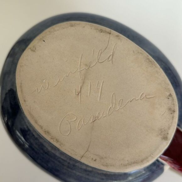 Winfield Pasadena Pottery Pitcher Vintage Cream Blue Burgandy 7.5” - Picture 10 of 11